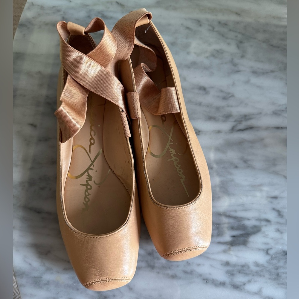 Jessica Simpson Tan Leather Ballet Flats with Elastic Straps